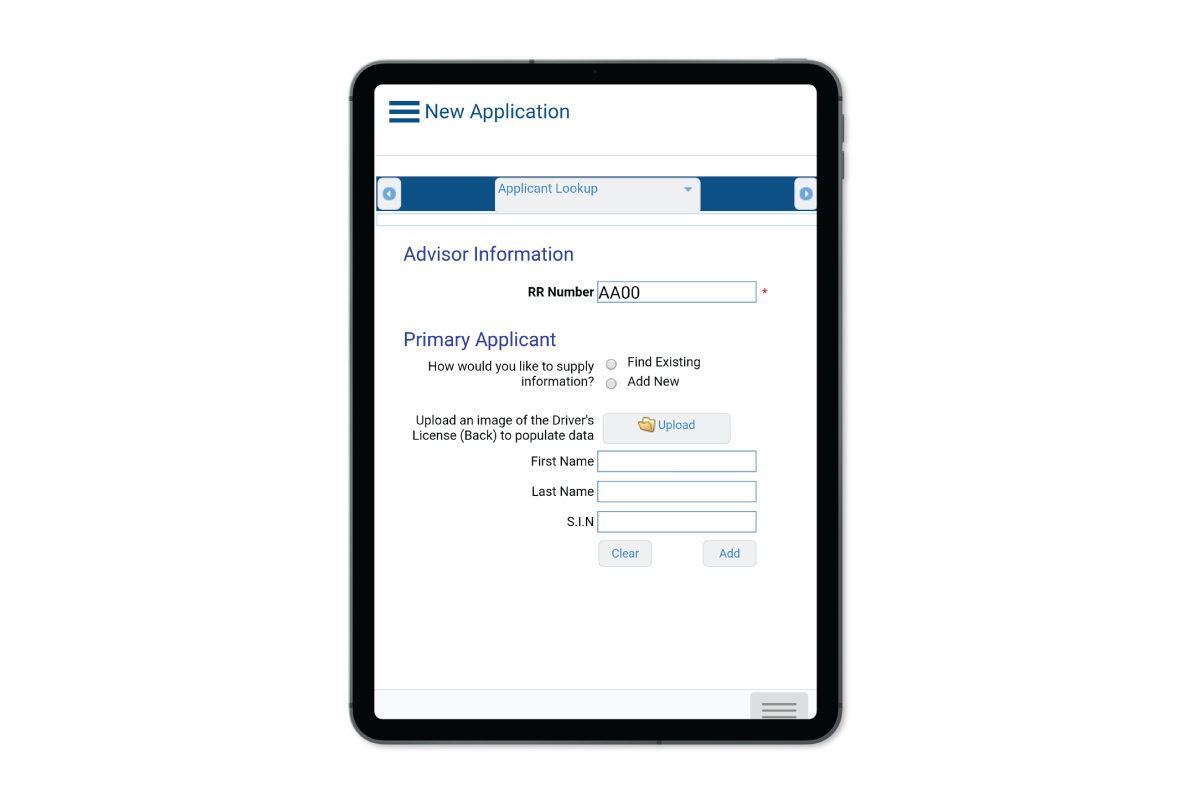 Doxim product screenshot on device screen showing account information. The applicant look up screen selected, with blocks where advisor information and primary applicant information can be provided