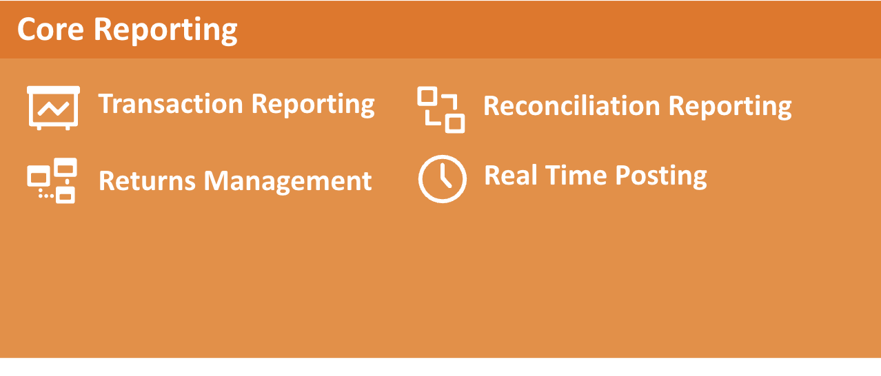 Standard or core reporting is provided to support transaction reporting, reconciliation reporting, real-time posting and returns management. 